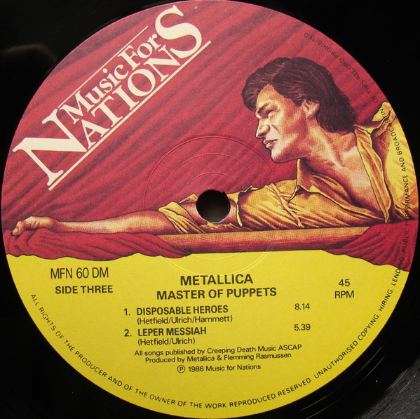 Master of Puppets dei Metallica: recensione e vinile da collezione 8 master of puppets metallica Music for Nations MFN 60 DM. label 3